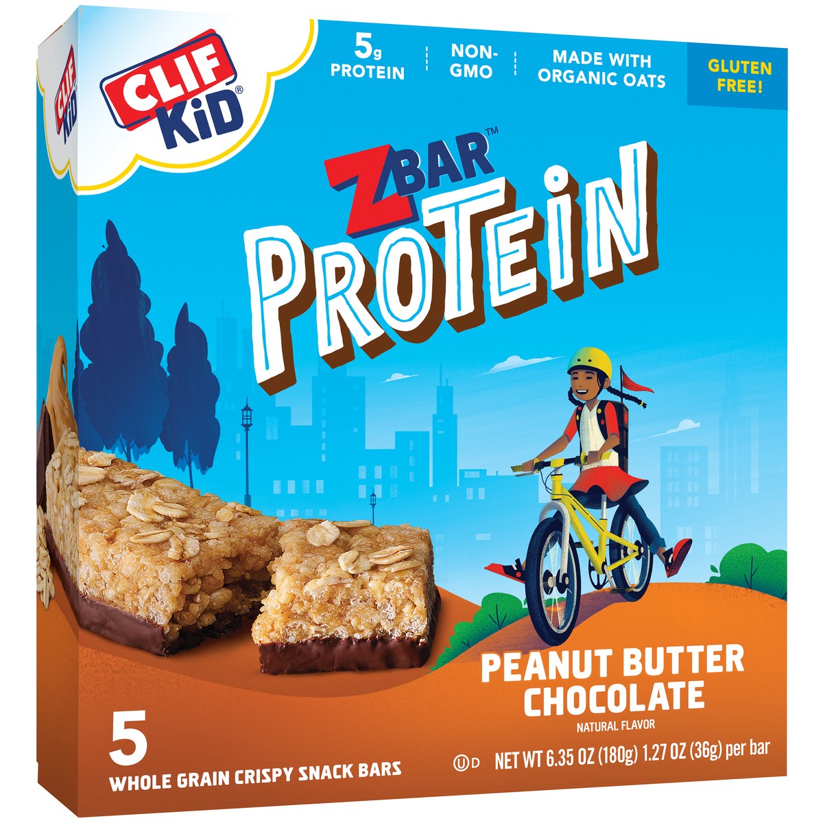 slide 3 of 13, CLIF Kid Zbar™ Protein Peanut Butter Chocolate Whole Grain Crispy Snack Bars 5 ct Box, 6.35 oz
