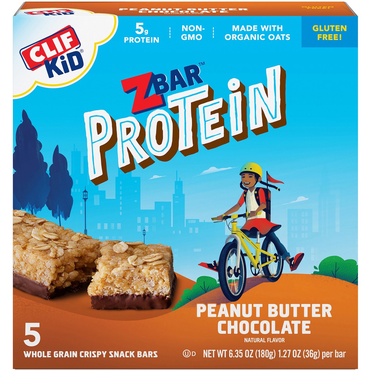 slide 1 of 13, CLIF Kid Zbar™ Protein Peanut Butter Chocolate Whole Grain Crispy Snack Bars 5 ct Box, 6.35 oz