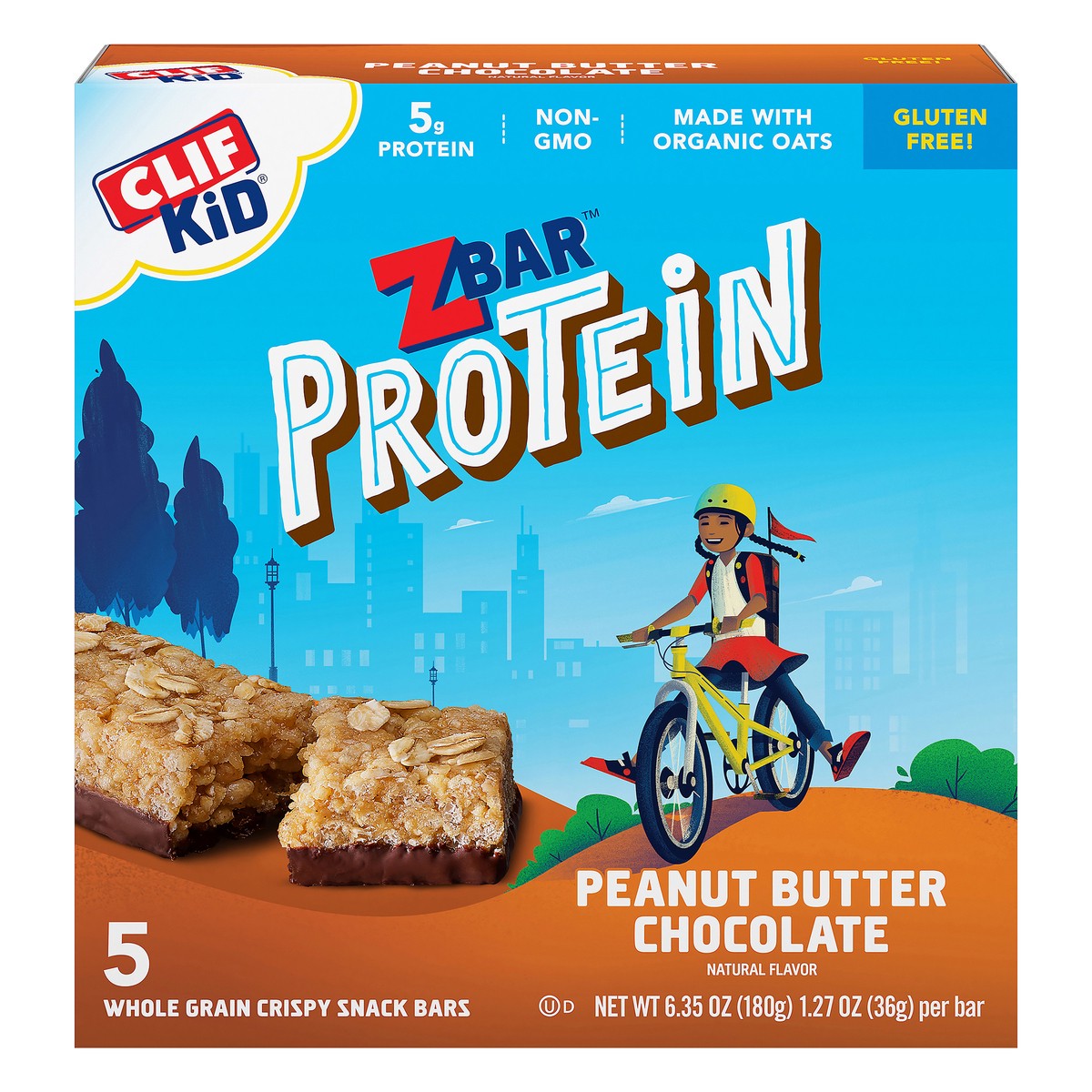 slide 7 of 13, CLIF Kid Zbar™ Protein Peanut Butter Chocolate Whole Grain Crispy Snack Bars 5 ct Box, 6.35 oz