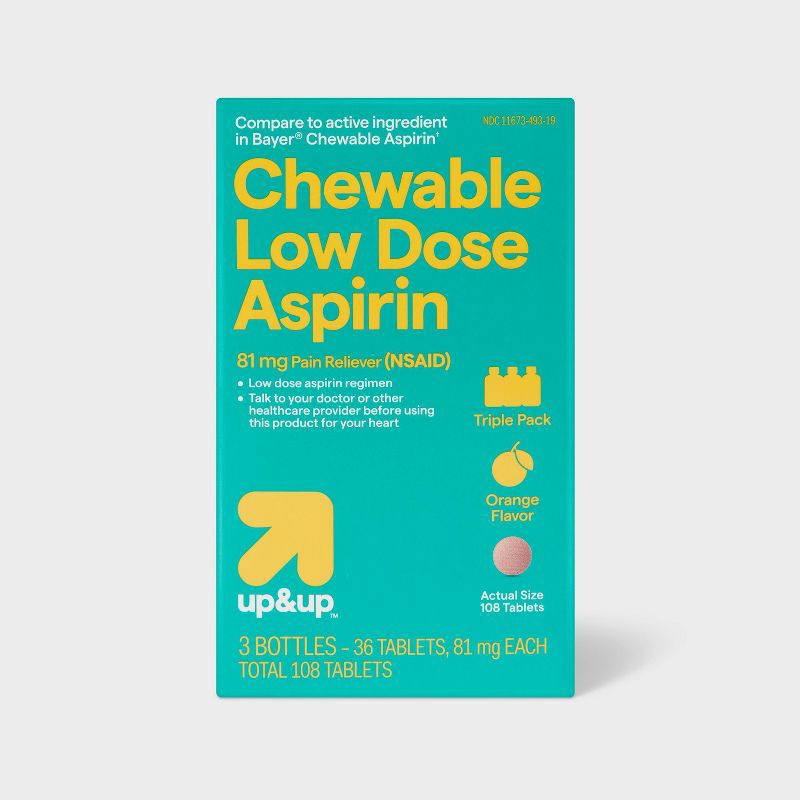 slide 1 of 4, Aspirin (NSAID) Pain Reliever Chewable Tablets - Orange - 108ct - up&up™, 108 ct