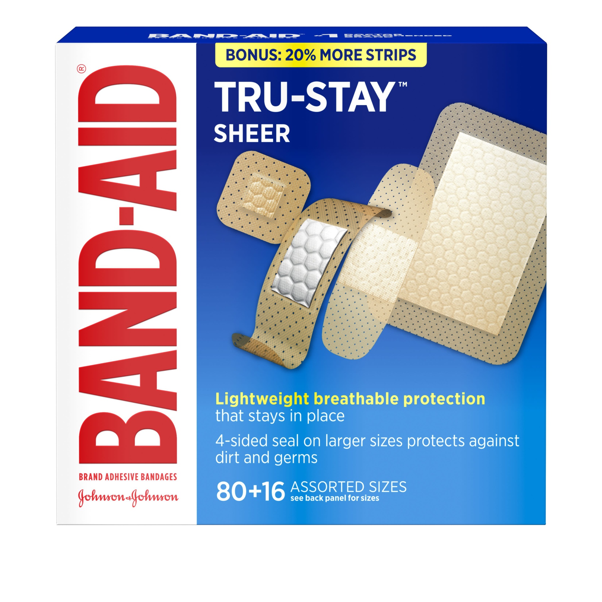 slide 1 of 1, BAND-AID Tru-Stay Sheer Strips Adhesive Bandages for First Aid and Wound Care of Minor Cuts and Scrapes, All One Size, 96 ct, 96 ct