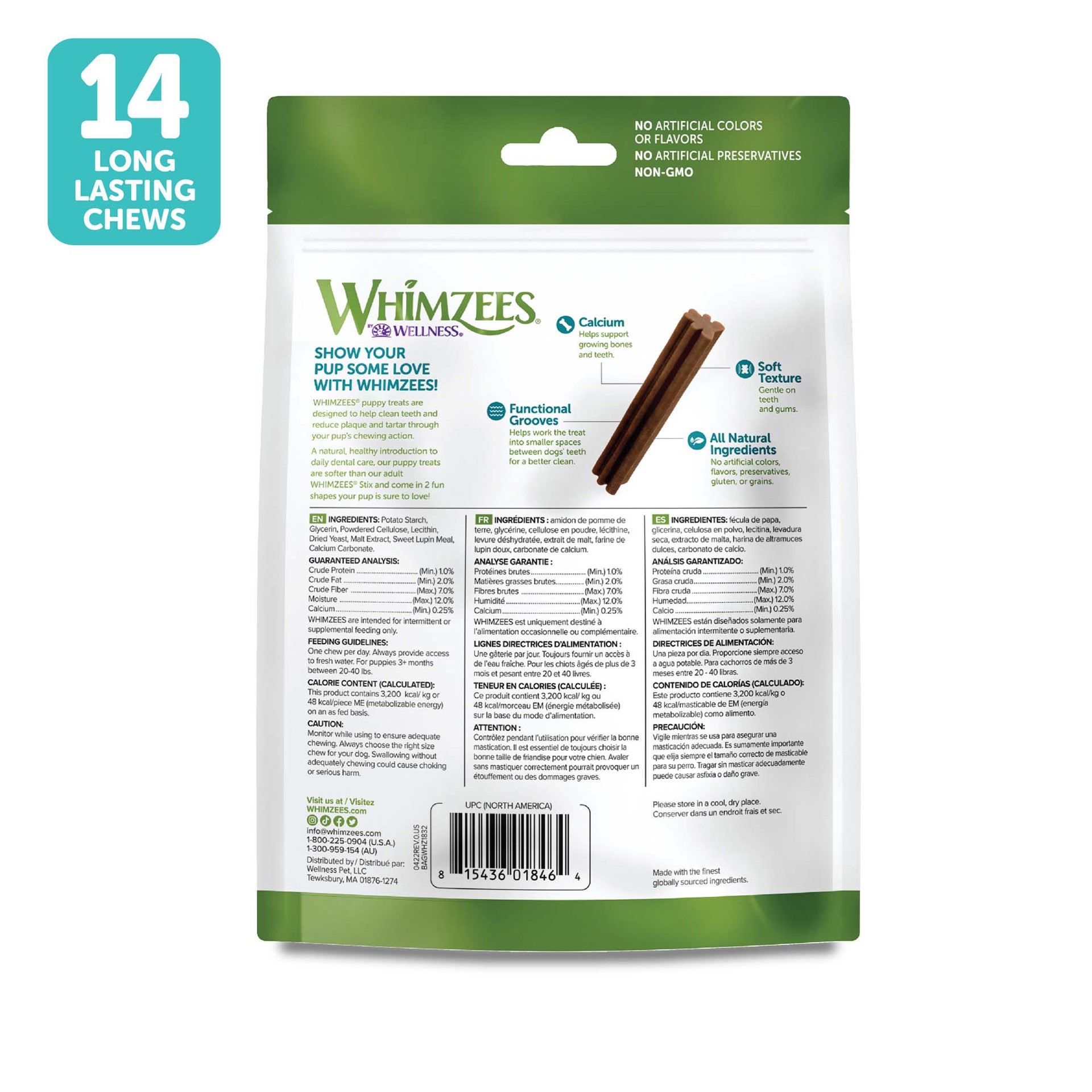 slide 4 of 5, WHIMZEES Wellness Puppy Dog Dental Treats, Natural Chews, Medium & Large Size Stick, (14 Count), 1 ct