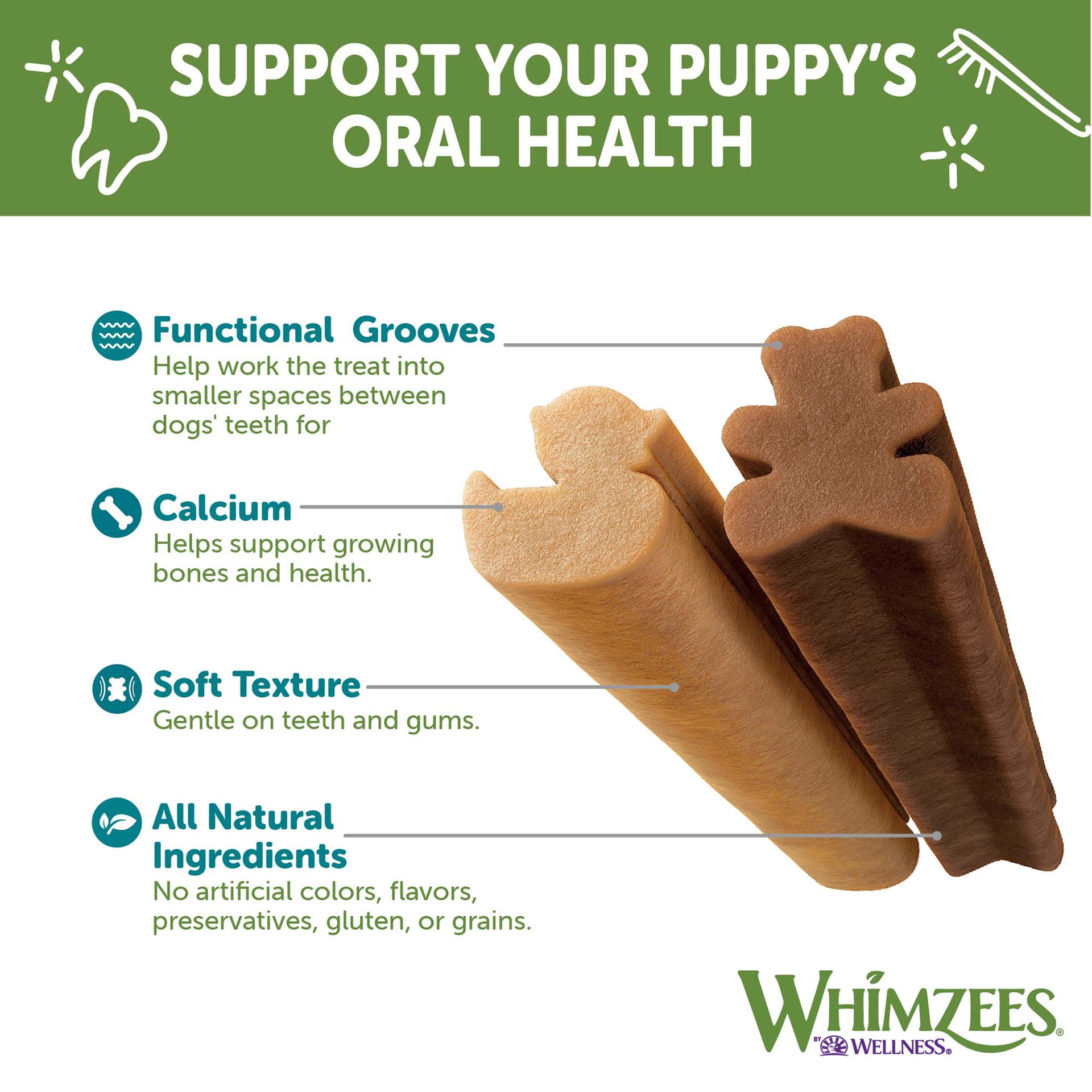 slide 3 of 5, WHIMZEES Wellness Puppy Dog Dental Treats, Natural Chews, Medium & Large Size Stick, (14 Count), 1 ct