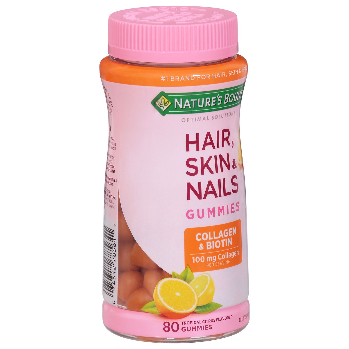 slide 9 of 9, Nature's Bounty Optimal Solutions 100 mg Tropical Citrus Flavored Hair, Skin & Nails 80 Gummies, 80 ct