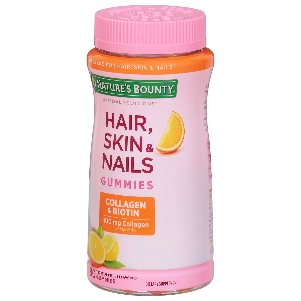 slide 2 of 9, Nature's Bounty Optimal Solutions 100 mg Tropical Citrus Flavored Hair, Skin & Nails 80 Gummies, 80 ct