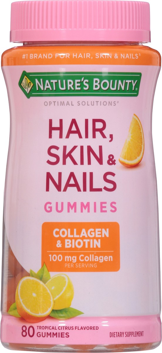 slide 6 of 9, Nature's Bounty Optimal Solutions 100 mg Tropical Citrus Flavored Hair, Skin & Nails 80 Gummies, 80 ct