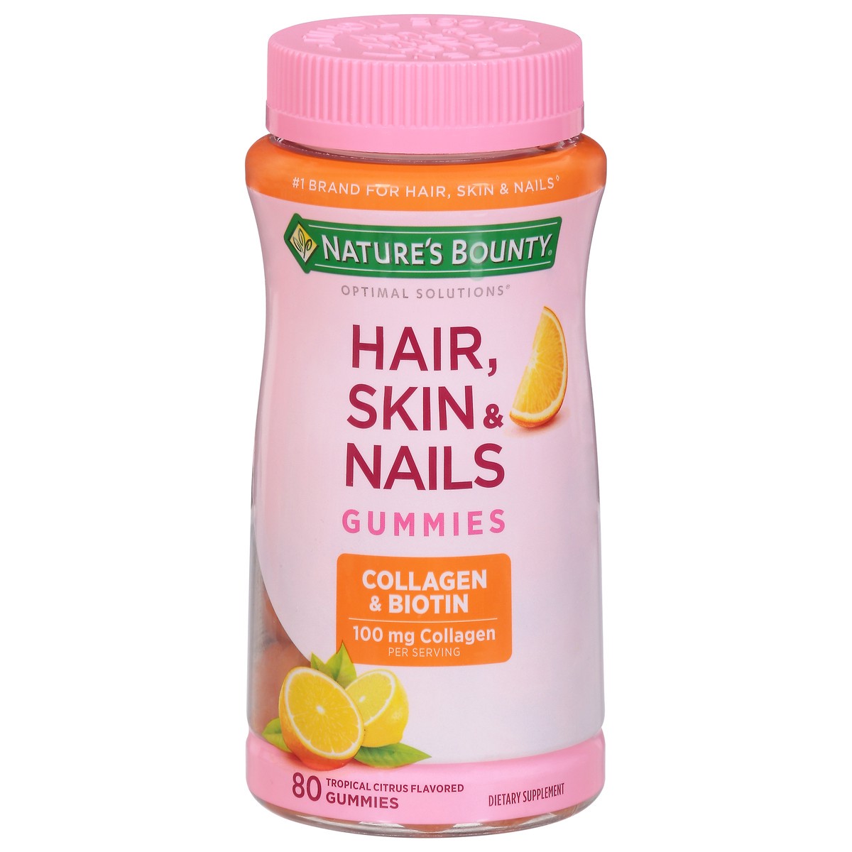 slide 1 of 9, Nature's Bounty Optimal Solutions 100 mg Tropical Citrus Flavored Hair, Skin & Nails 80 Gummies, 80 ct