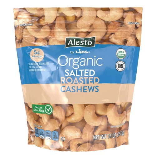 slide 1 of 1, organic roasted cashews, salted, 14 oz