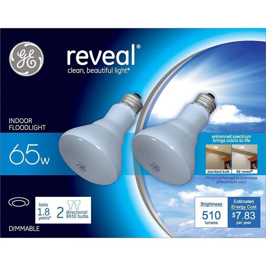 slide 1 of 3, GE Household Lighting GE 65w 2pk R30 Reveal Incandescent Light Bulb, 2 ct