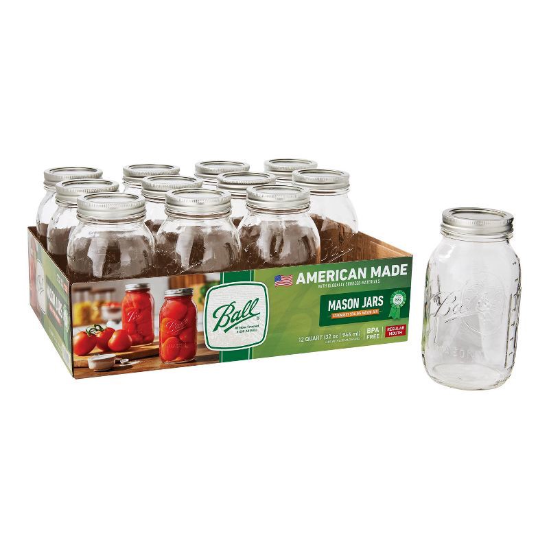 slide 1 of 7, Ball 32oz 12pk Glass Regular Mouth Mason Jar with Lid and Band, 12 ct; 32 oz