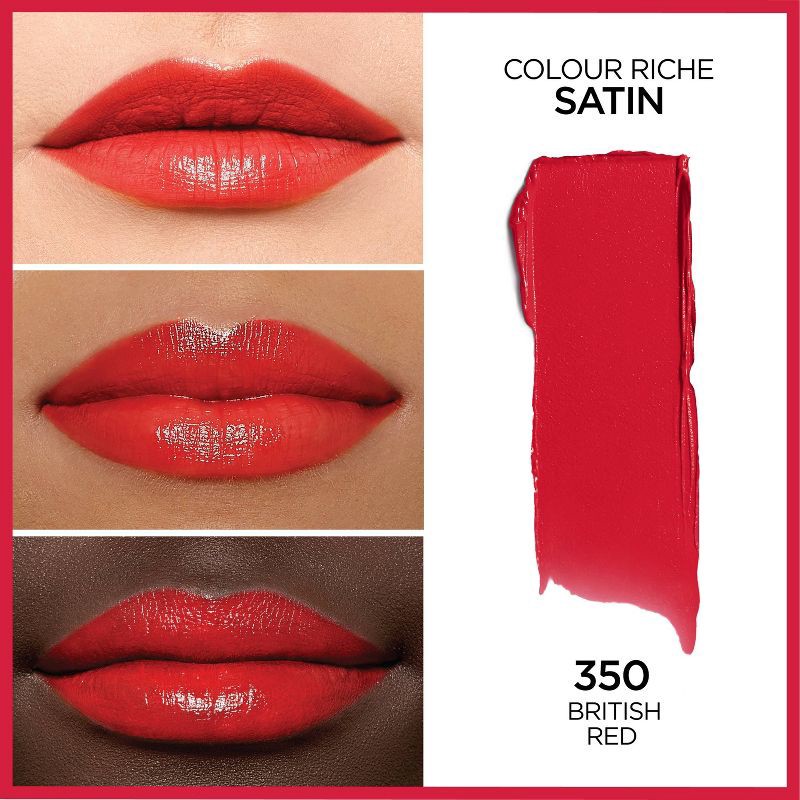 slide 2 of 5, L'Oreal Paris Colour Riche Original Satin Lipstick for Moisturized Lips - 350 British Red - 0.13oz, 0.13 oz