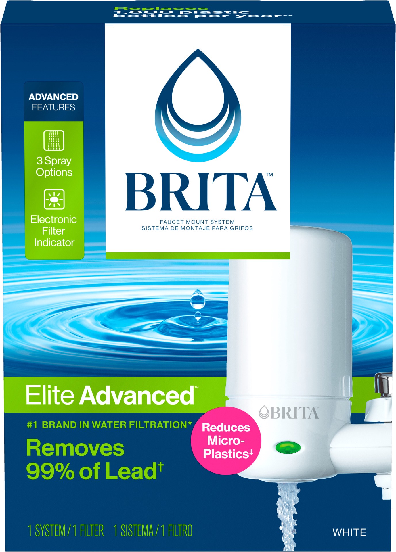 slide 1 of 9, Brita Faucet Mount System, Water Faucet Filtration System with Filter Change Reminder, Reduces Lead, Made Without BPA, Fits Standard Faucets Only, Elite Advanced, White, Includes 1 Replacement Filter, 1 ct