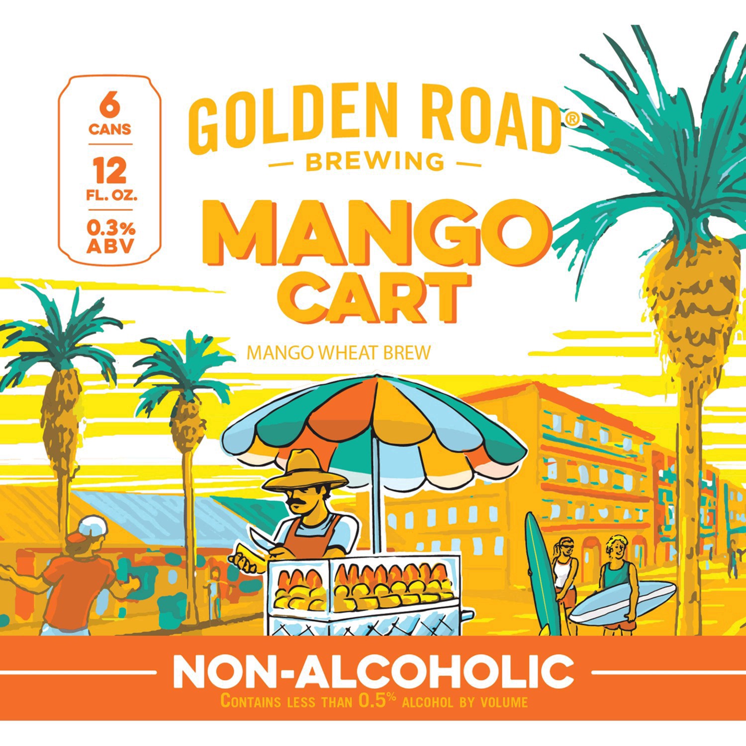 slide 2 of 7, Golden Road Mango Cart Non-Alcoholic Wheat Brew, 6 Pack 12 FL OZ Cans, 72 fl oz