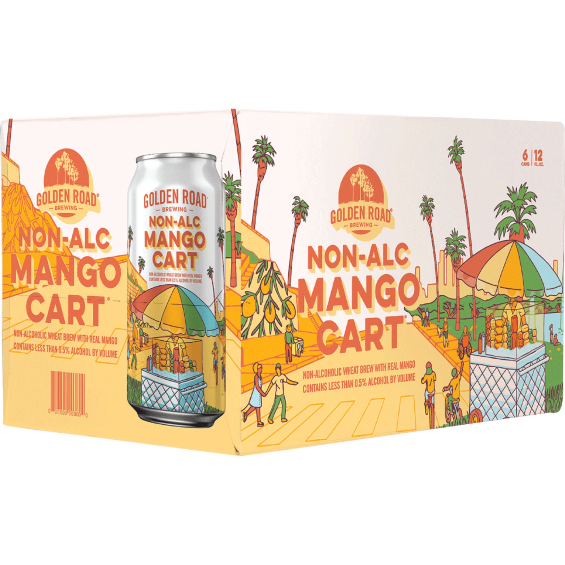 slide 1 of 7, Golden Road Mango Cart Non-Alcoholic Wheat Brew, 6 Pack 12 fl oz Cans, 12 fl oz