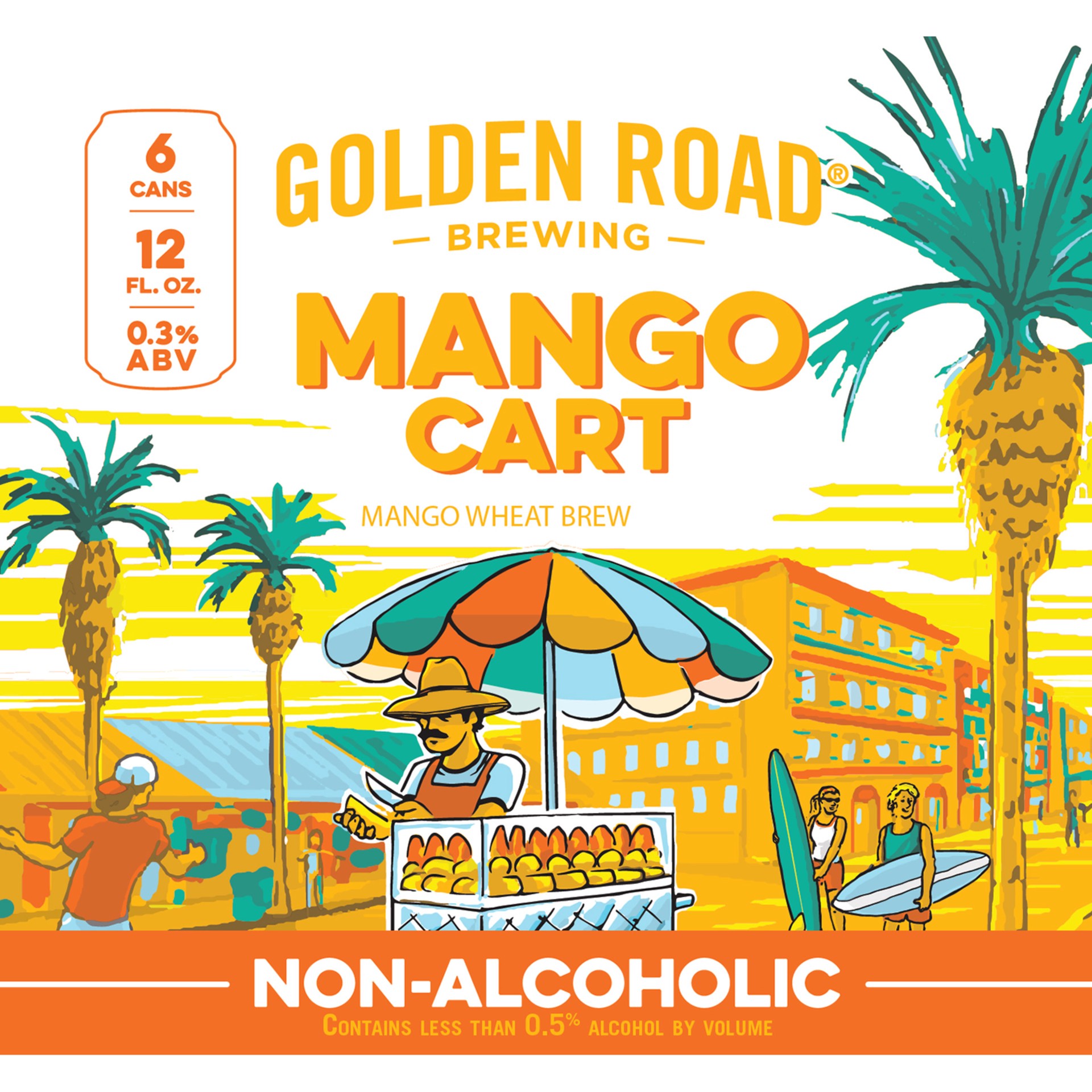 slide 1 of 7, Golden Road Mango Cart Non-Alcoholic Wheat Brew, 6 Pack 12 FL OZ Cans, 72 fl oz