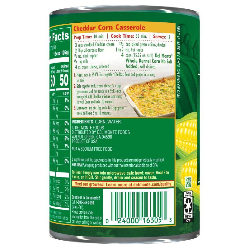 slide 3 of 4, Del Monte No Salt Added Golden Sweet Whole Kernel Corn - 15.25oz, 15.25 oz