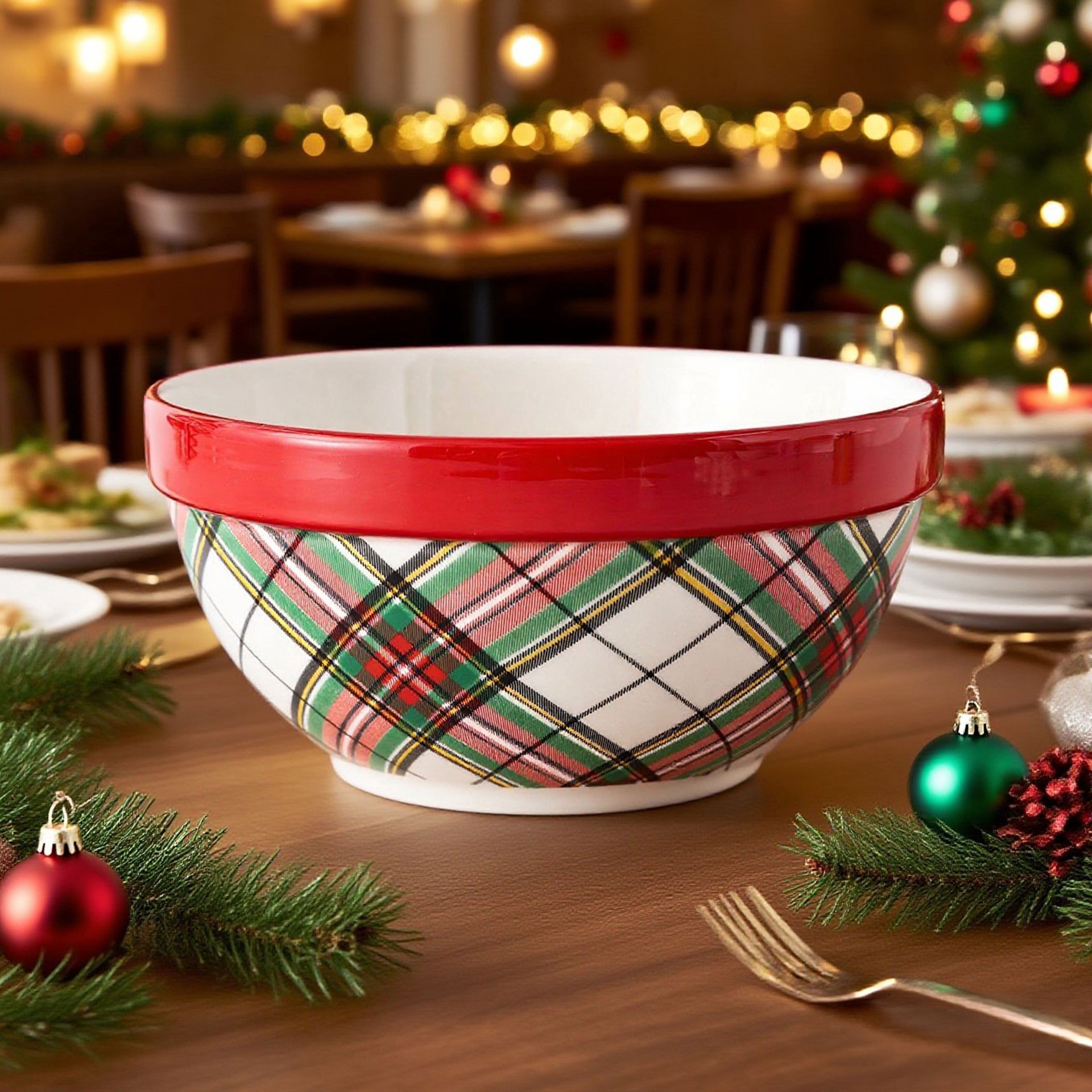 slide 3 of 4, 8" Green & Red Plaid Ceramic Bowl By Ashland, 8 in