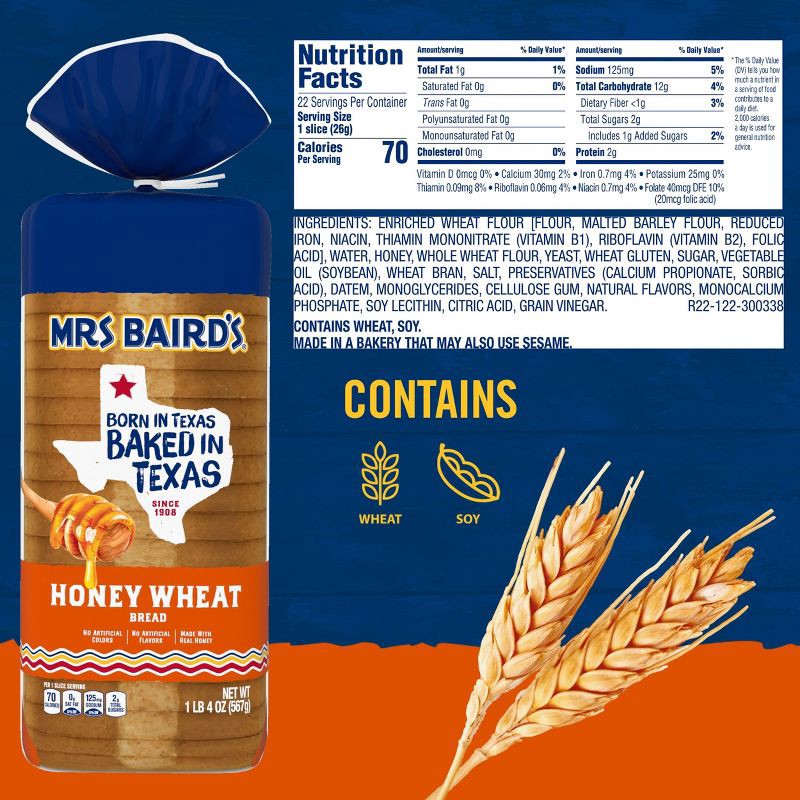 slide 4 of 11, Mrs Baird's Mrs. Baird's Honey Wheat Bread - 20oz, 20 oz