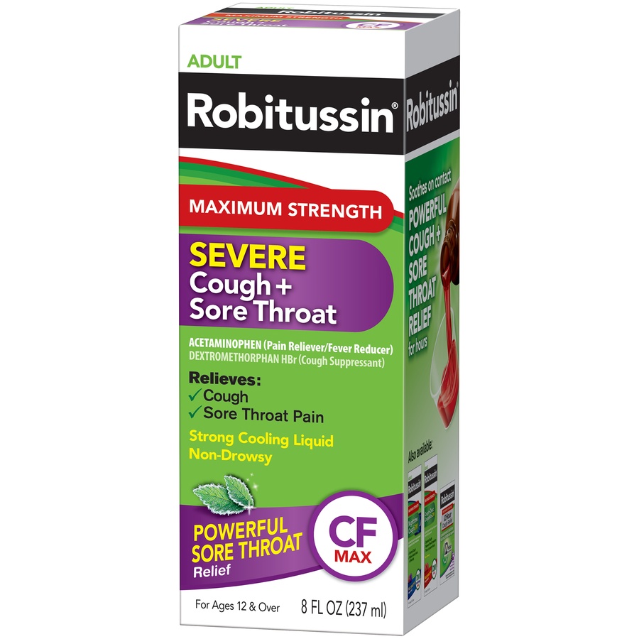slide 3 of 6, Robitussin Severe Cough Plus Sore Throat Cf Max Medicine, 8 fl oz