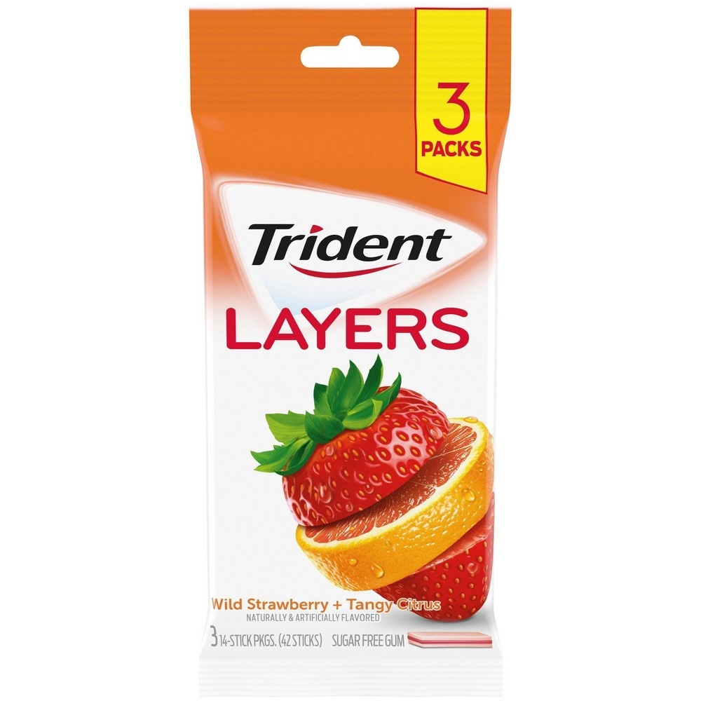 slide 2 of 11, Trident Layers Wild Strawberry & Tangy Citrus Sugar Free Gum, 3 ct, 42 ct