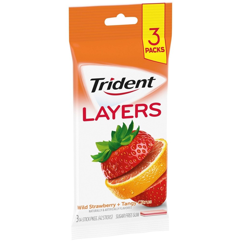 slide 3 of 11, Trident Layers Wild Strawberry & Tangy Citrus Sugar Free Gum, 3 ct, 42 ct