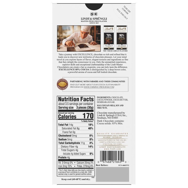 slide 10 of 11, Lindt Excellence 85% Cocoa Dark Chocolate Candy Bar - 3.5 oz., 3.5 oz