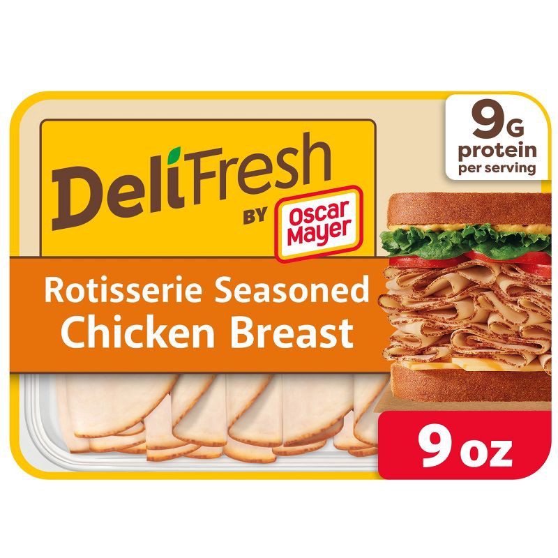 slide 1 of 9, Oscar Mayer Deli Rotisserie Seasoned Chicken Breast Sliced Lunch Meat - 9oz, 9 oz