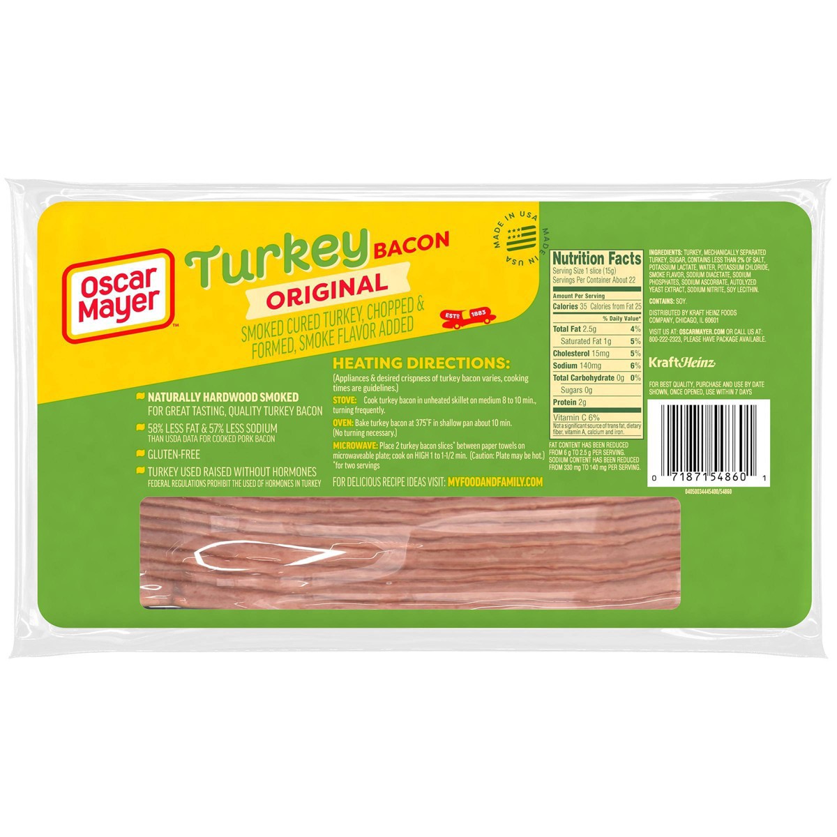 slide 8 of 20, Oscar Mayer Fully Cooked & Gluten Free Turkey Bacon with 58% Less Fat & 57% Less Sodium Pack, 21-23 slices, 12 oz