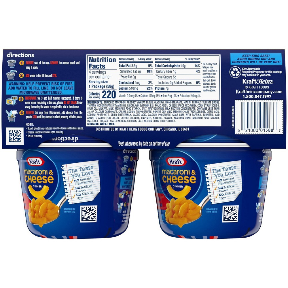 slide 6 of 11, Kraft Triple Cheese Macaroni & Cheese Easy Microwavable Dinner Pack Cups, 4 ct; 2.05 oz