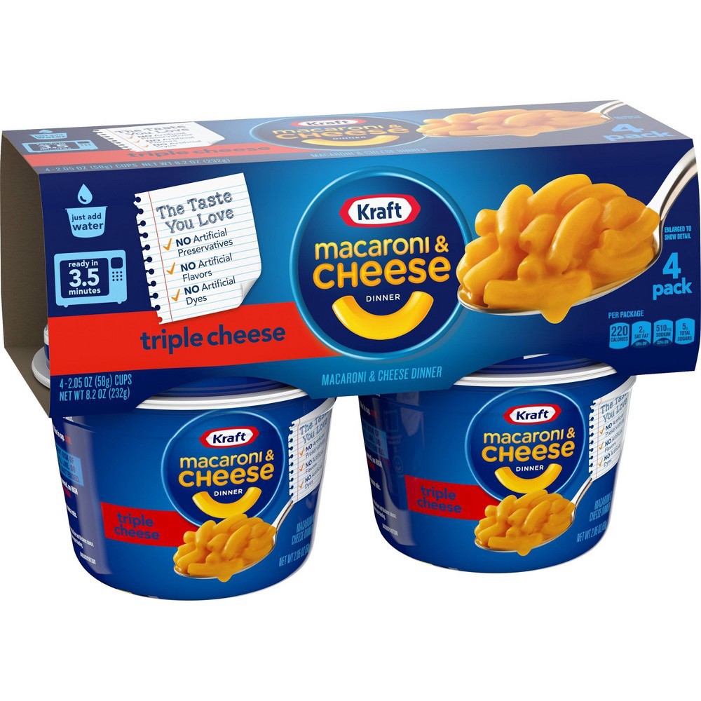 slide 8 of 11, Kraft Triple Cheese Macaroni & Cheese Easy Microwavable Dinner Pack Cups, 4 ct; 2.05 oz
