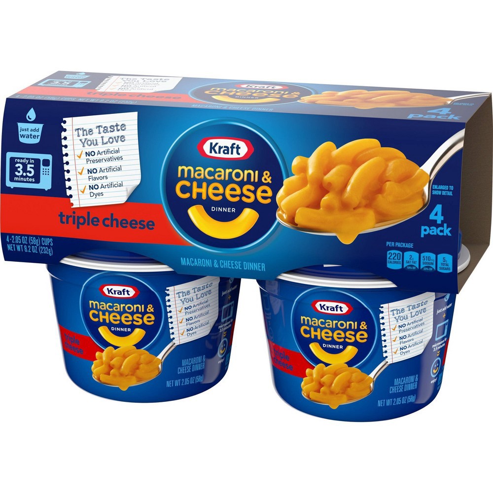 slide 9 of 11, Kraft Triple Cheese Macaroni & Cheese Easy Microwavable Dinner Pack Cups, 4 ct; 2.05 oz