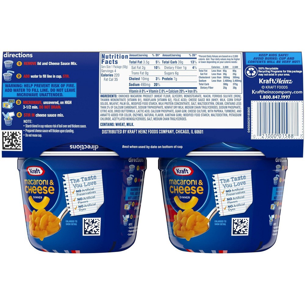 slide 7 of 11, Kraft Triple Cheese Macaroni & Cheese Easy Microwavable Dinner Pack Cups, 4 ct; 2.05 oz