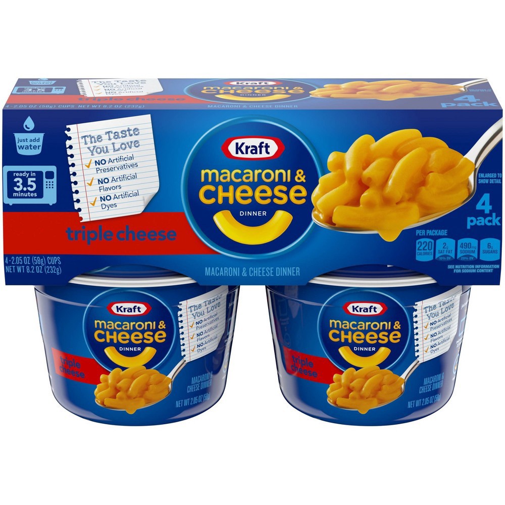 slide 3 of 11, Kraft Triple Cheese Macaroni & Cheese Easy Microwavable Dinner Pack Cups, 4 ct; 2.05 oz