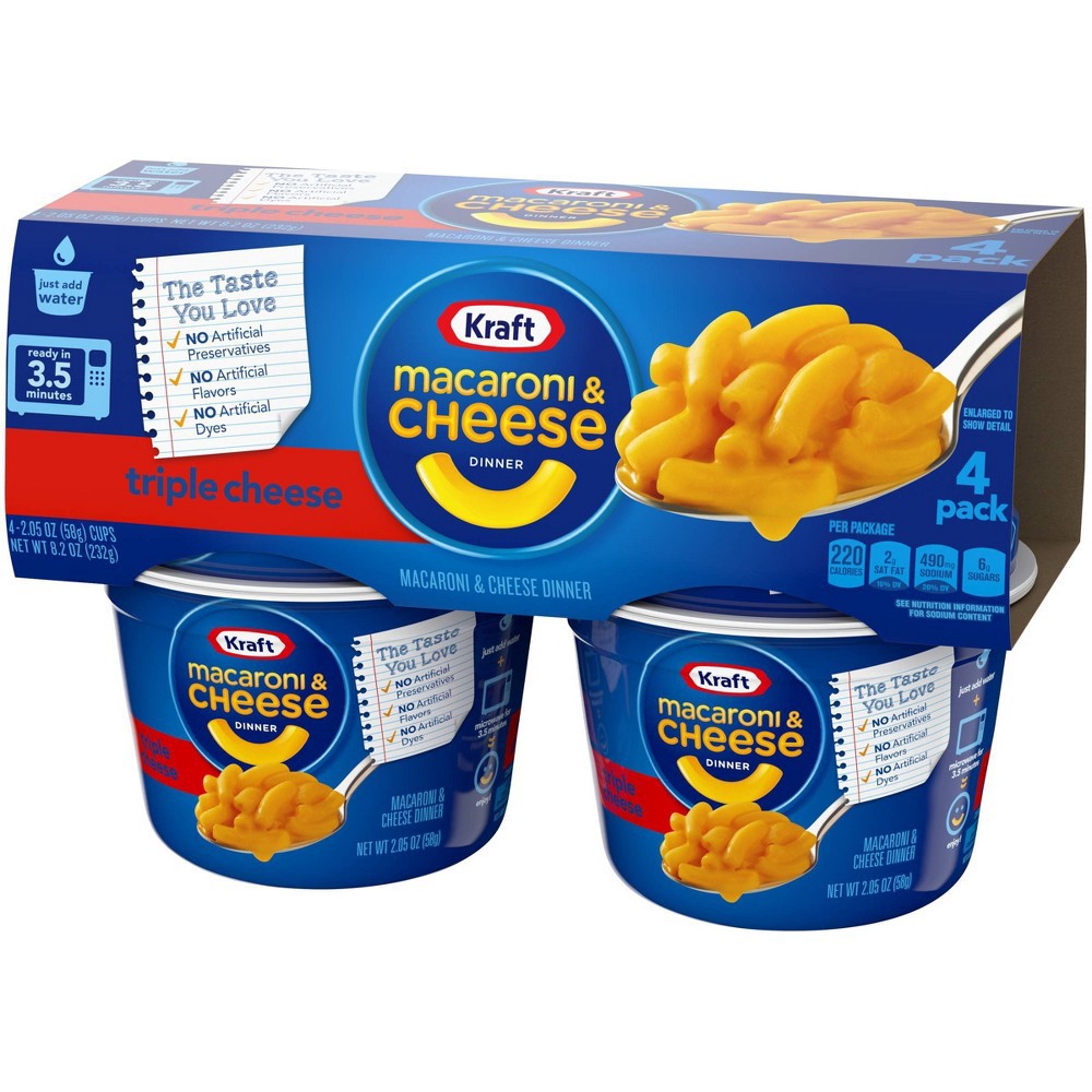 slide 2 of 11, Kraft Triple Cheese Macaroni & Cheese Easy Microwavable Dinner Pack Cups, 4 ct; 2.05 oz