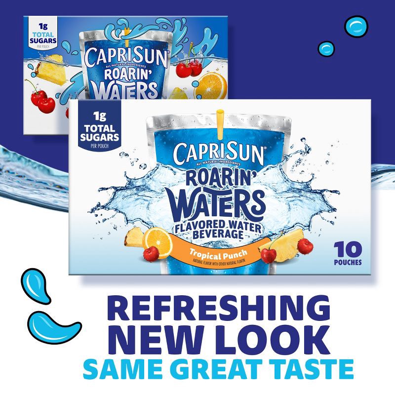 slide 5 of 9, Capri Sun Roarin' Waters Tropical Tide Flavored Water - 10pk/6 fl oz Pouches, 10 ct; 6 fl oz