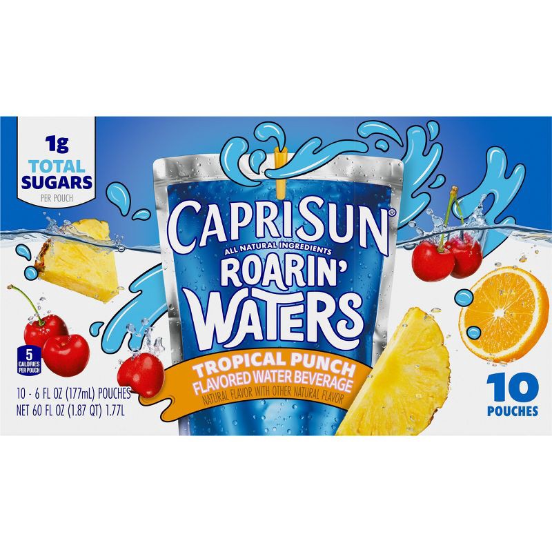 slide 9 of 13, Capri Sun Roarin' Waters Tropical Fruit Juice Drinks - 10pk/6 fl oz Pouches, 10 ct; 6 fl oz