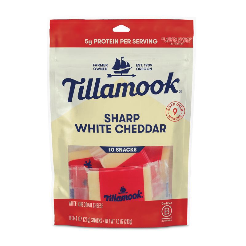 slide 1 of 9, Tillamook Sharp White Cheddar Snacking Cheese, 10 ct; 7.5 oz
