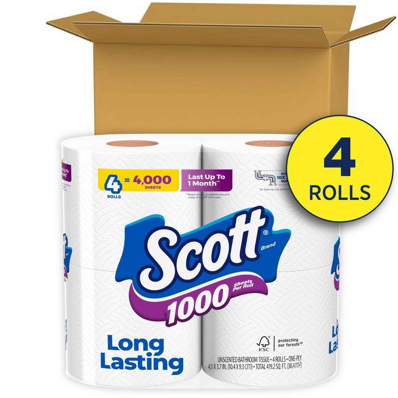 slide 2 of 9, Scott 1000 Septic-Safe 1-Ply Toilet Paper - 4 Rolls, 4 ct