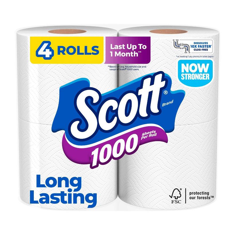 slide 1 of 10, Scott 1000 Septic-Safe 1-Ply Toilet Paper - 4 Rolls: 1000 Sheets Per Roll, 4 rolls, 1000 sheets