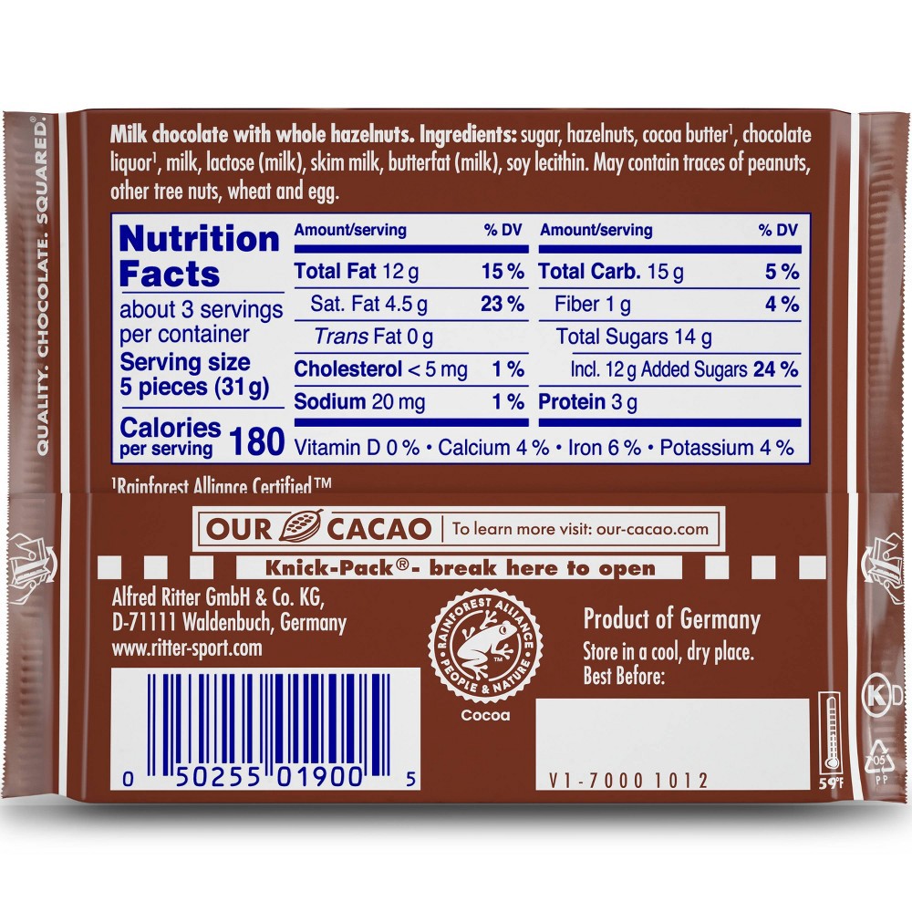 slide 3 of 4, Ritter Sport Milk Chocolate With Whole Hazelnuts, 3.5 oz