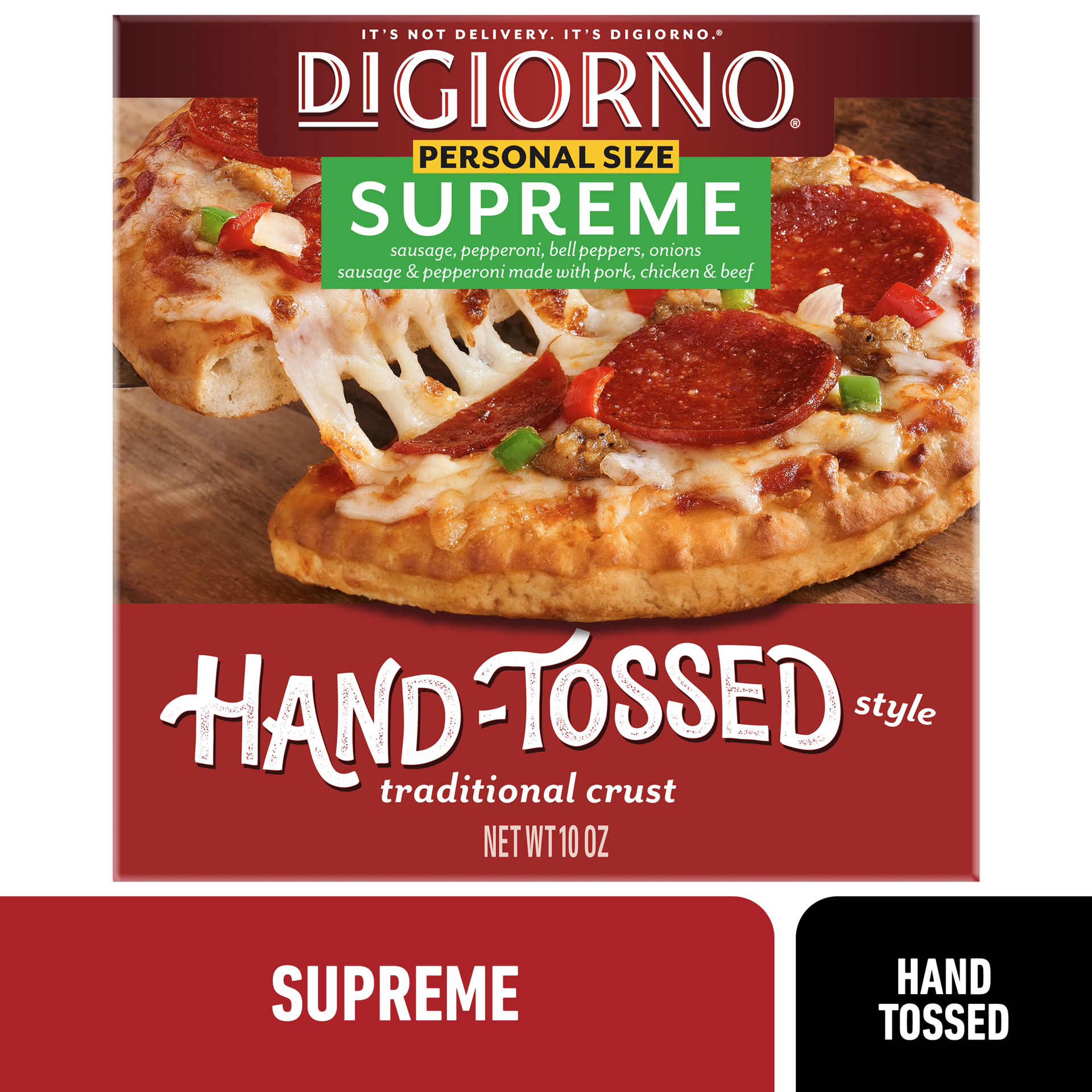 slide 1 of 13, DiGiorno Supreme Frozen Personal Pizza on a Hand-Tossed Style Traditional Crust, 10 oz