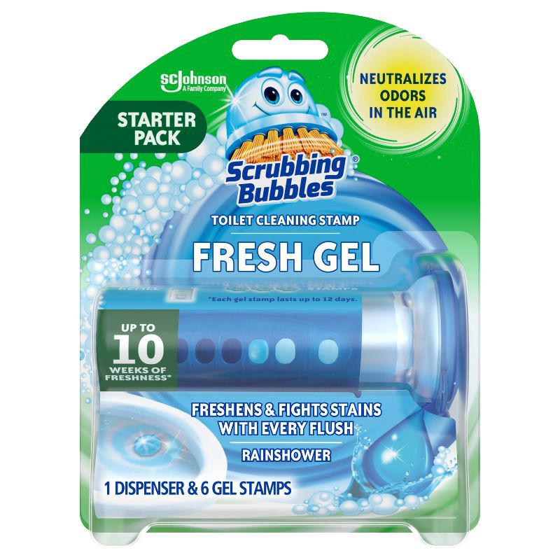 slide 1 of 11, Scrubbing Bubbles Toilet Bowl Cleaner Stamp Gel Tablets - Rainshower - 6ct: Paraben-Free, Prevents Lime Scale, Eliminates Odors, 6 ct