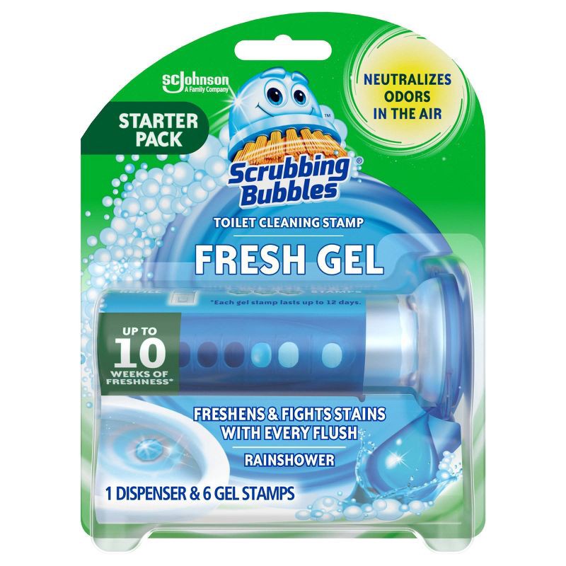 slide 1 of 9, Scrubbing Bubbles Toilet Bowl Cleaner Stamp Gel Tablets - Rainshower - 6ct: Paraben-Free, Prevents Lime Scale, Eliminates Odors, 6 ct