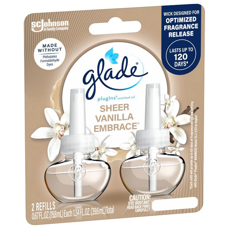 slide 15 of 15, Glade Air Freshener Plug Ins Scented Oil Diffuser Refills - Sheer Vanilla Embrace - 1.34 fl oz/2pk, 2 ct; 1.34 fl oz
