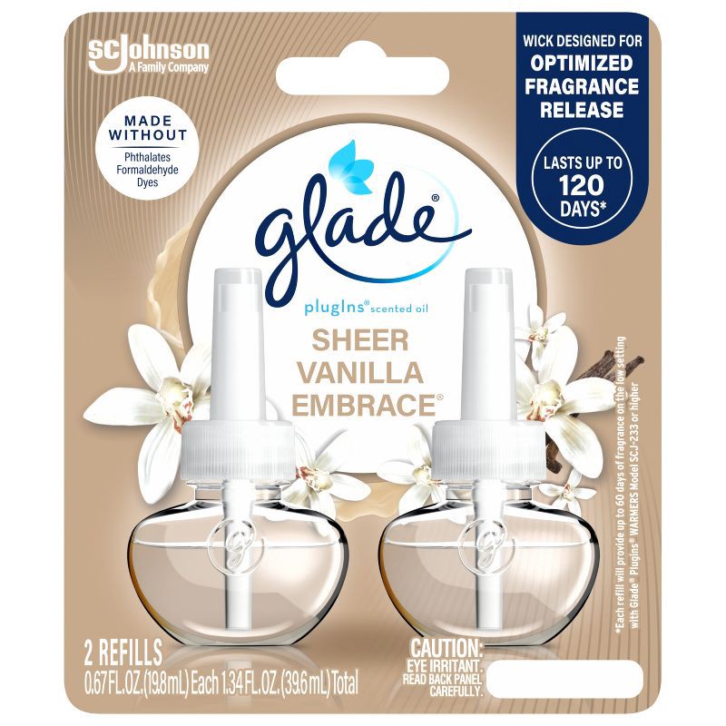 slide 4 of 15, Glade Air Freshener Plug Ins Scented Oil Diffuser Refills - Sheer Vanilla Embrace - 1.34 fl oz/2pk, 2 ct; 1.34 fl oz
