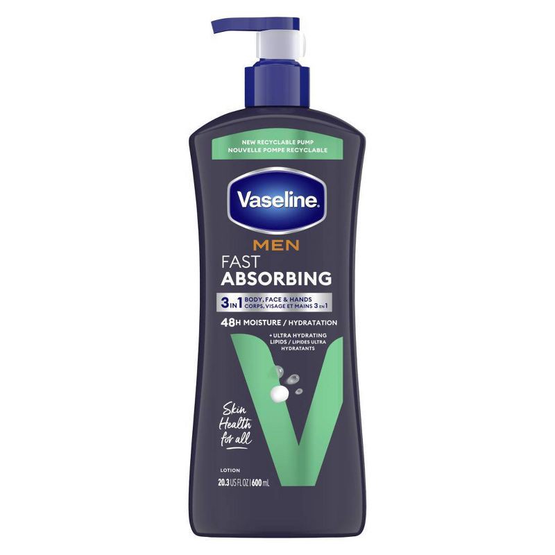 slide 2 of 8, Vaseline Men Fast Absorbing Moisture 3-in-1 Body, Face & Hands Pump Lotion Scented - 20.3 fl oz, 20.3 fl oz