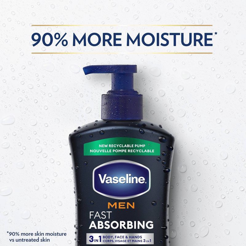 slide 5 of 8, Vaseline Men Fast Absorbing Moisture 3-in-1 Body, Face & Hands Pump Lotion Scented - 20.3 fl oz, 20.3 fl oz