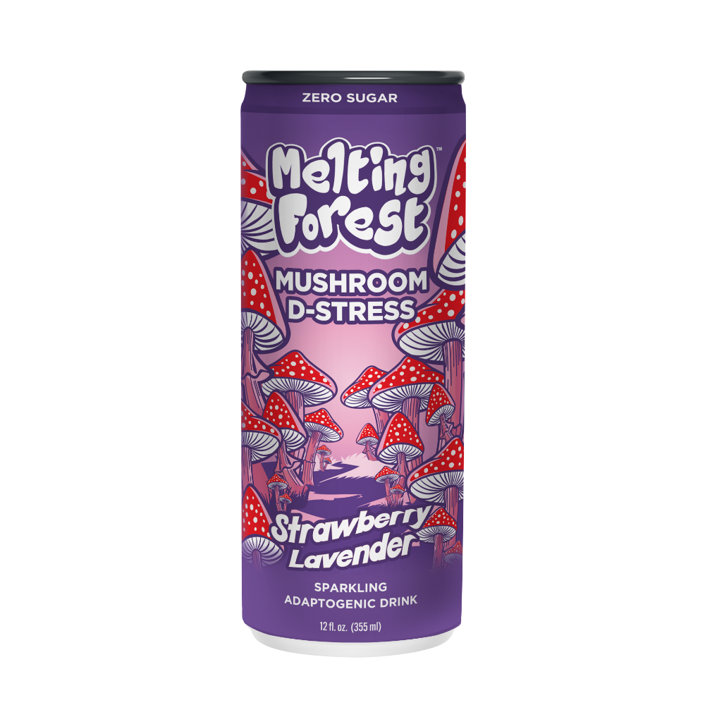 slide 1 of 4, Melting Forest Mushroom D-Stress Strawberry Lavender Sparkling Adaptogenic Drink, 12 fl oz