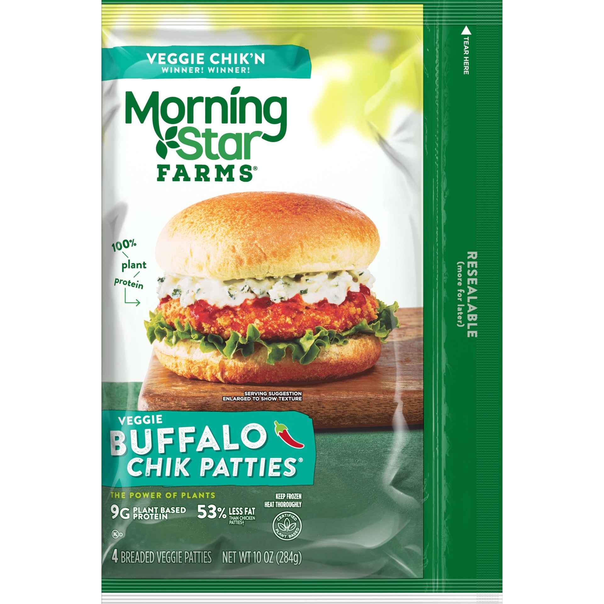 slide 1 of 1, MorningStar Farms Meatless Chicken Patties, Plant Based Protein Vegan Meat, Frozen Meal, Buffalo, 10 oz