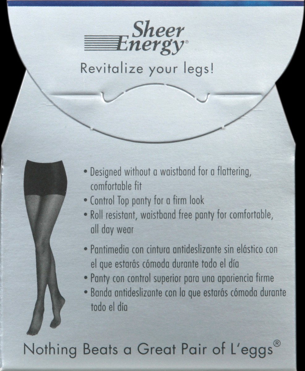 slide 3 of 6, L'eggs Sheer Energy Control Top No-Roll Waistband Medium Support Leg Pantyhose Jet Black Size B, 1 ct